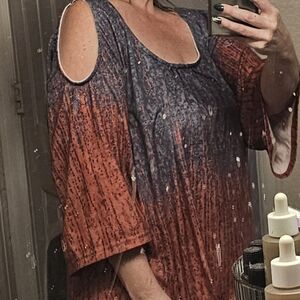 Women's Cold Shoulder Top - Blue and Rust